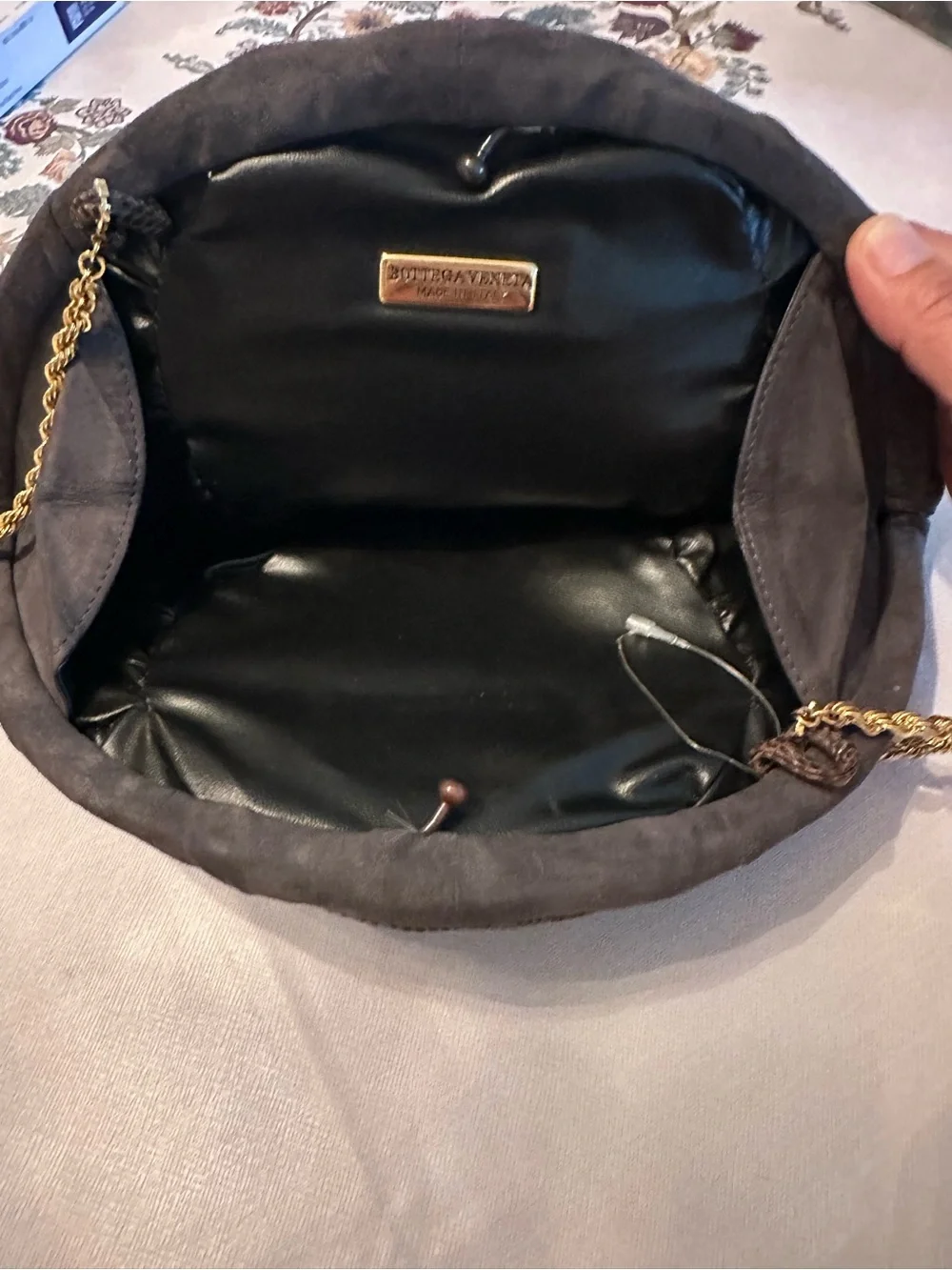 Vintage Bottega Veneta Gray Suede Round Ruched Shoulder Bag with Gold Chain